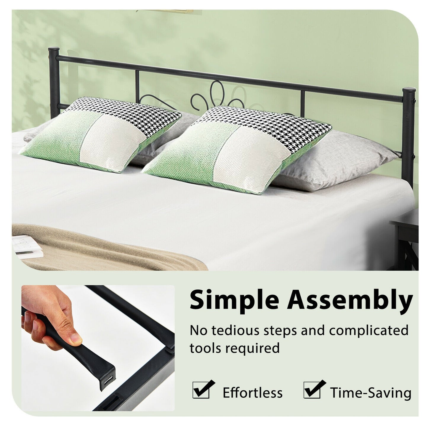 Sturdy Metal Bed Frame with Headboard and Footboard - Queen Size