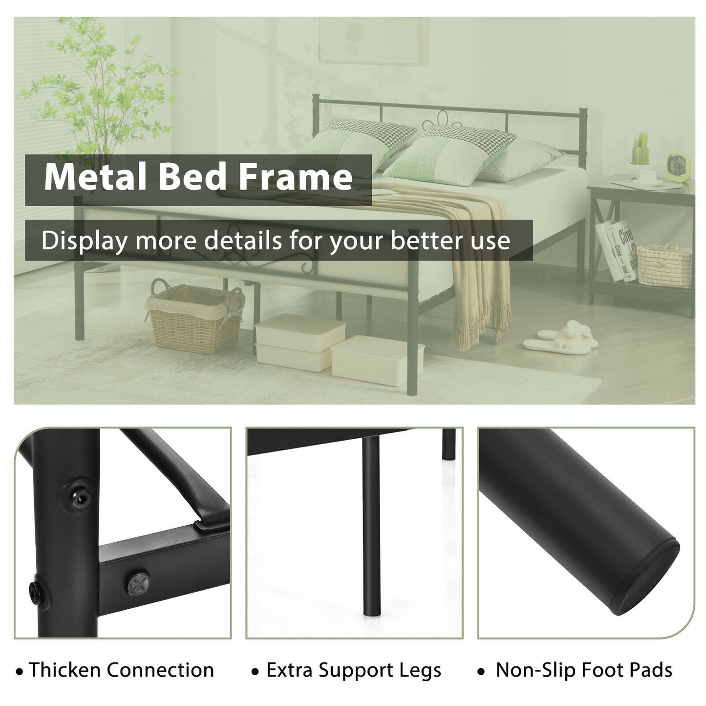 Sturdy Metal Bed Frame with Headboard and Footboard - Queen Size