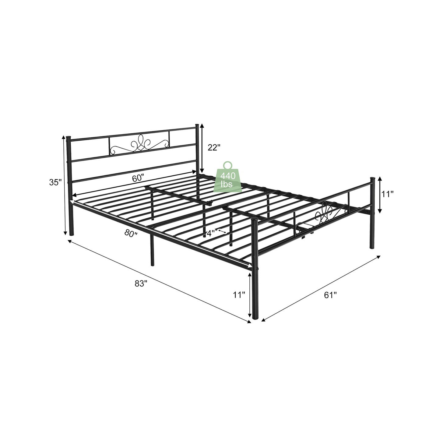 Sturdy Metal Bed Frame with Headboard and Footboard - Queen Size