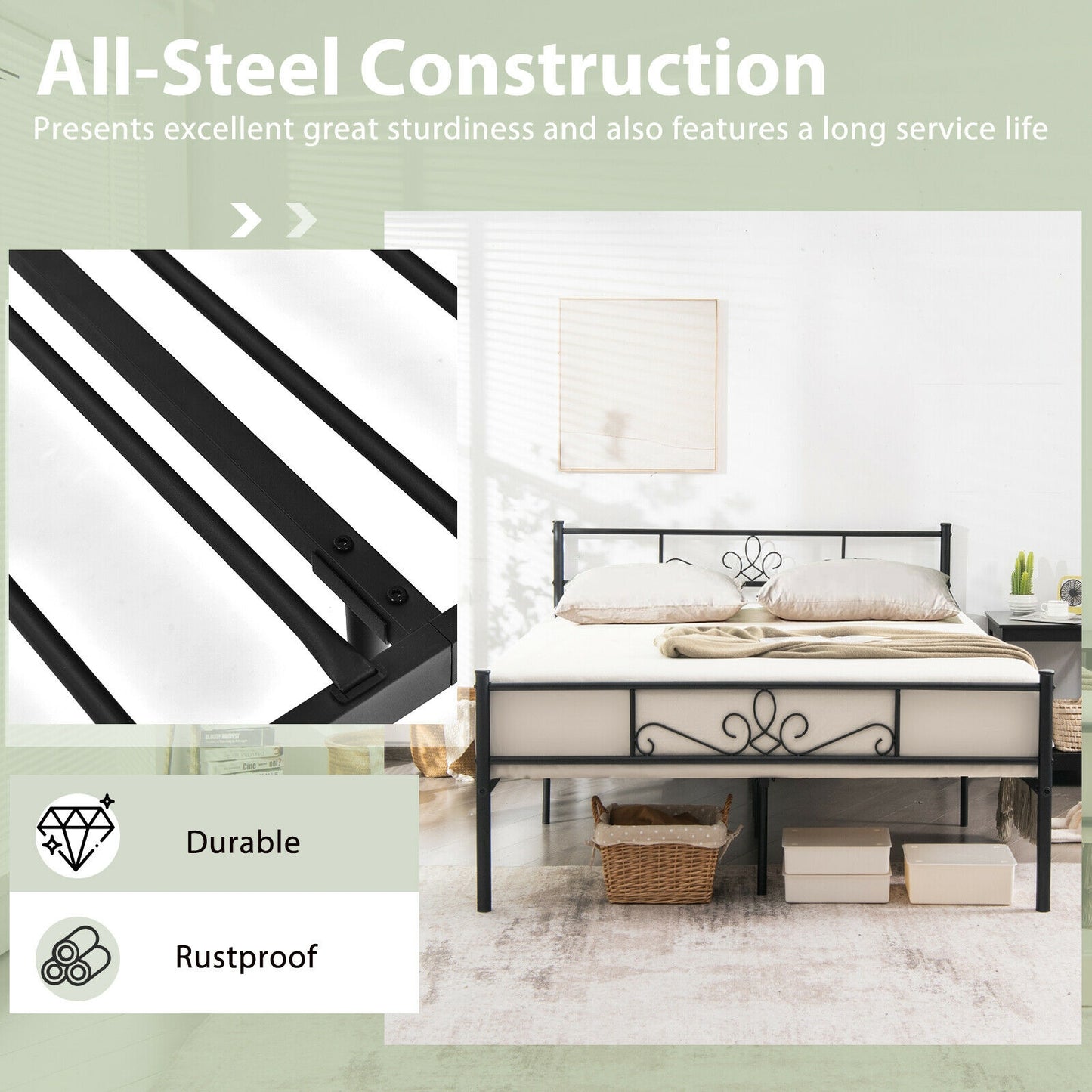 Sturdy Metal Bed Frame with Headboard and Footboard - Full Size