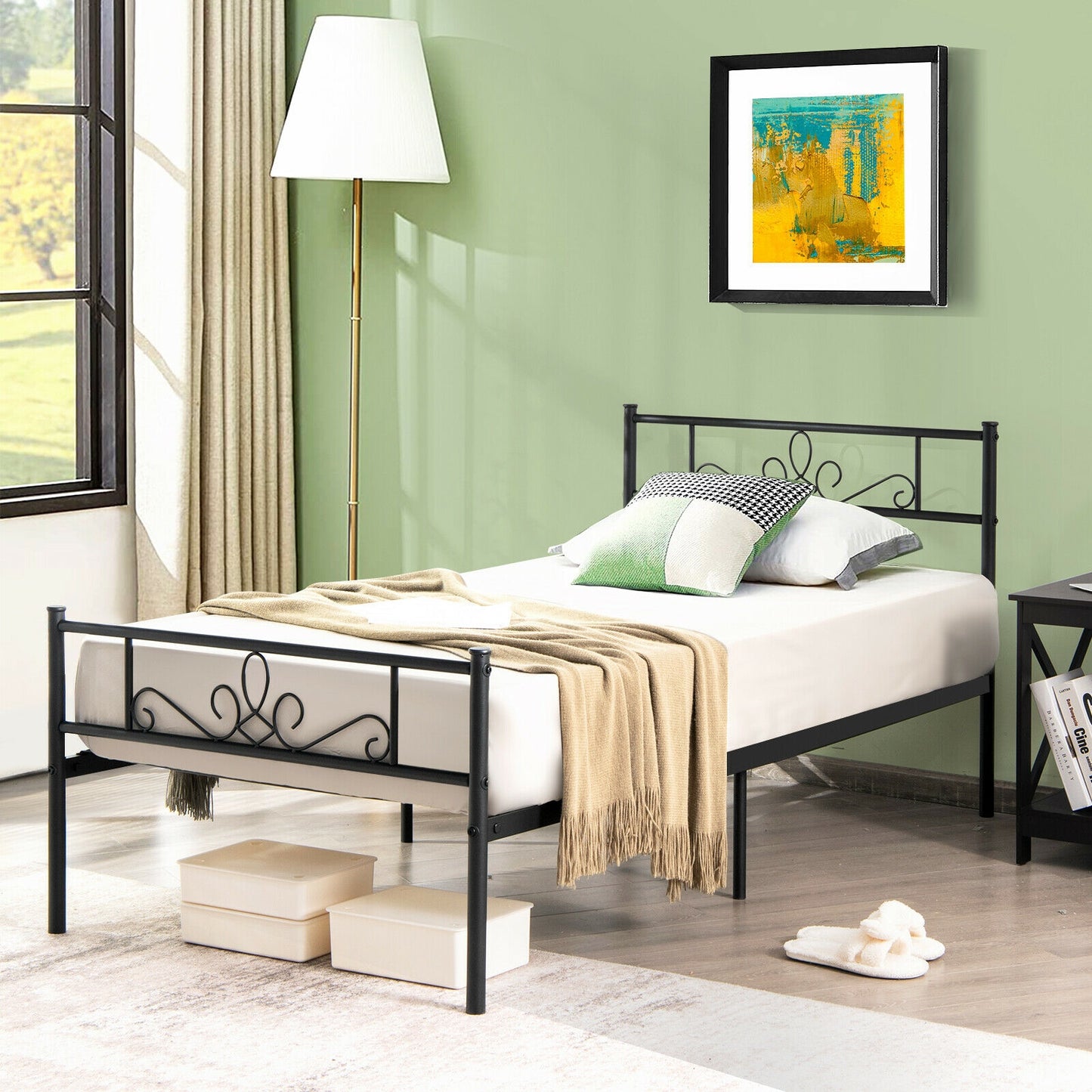 Sturdy Metal Bed Frame with Headboard and Footboard - Twin Size