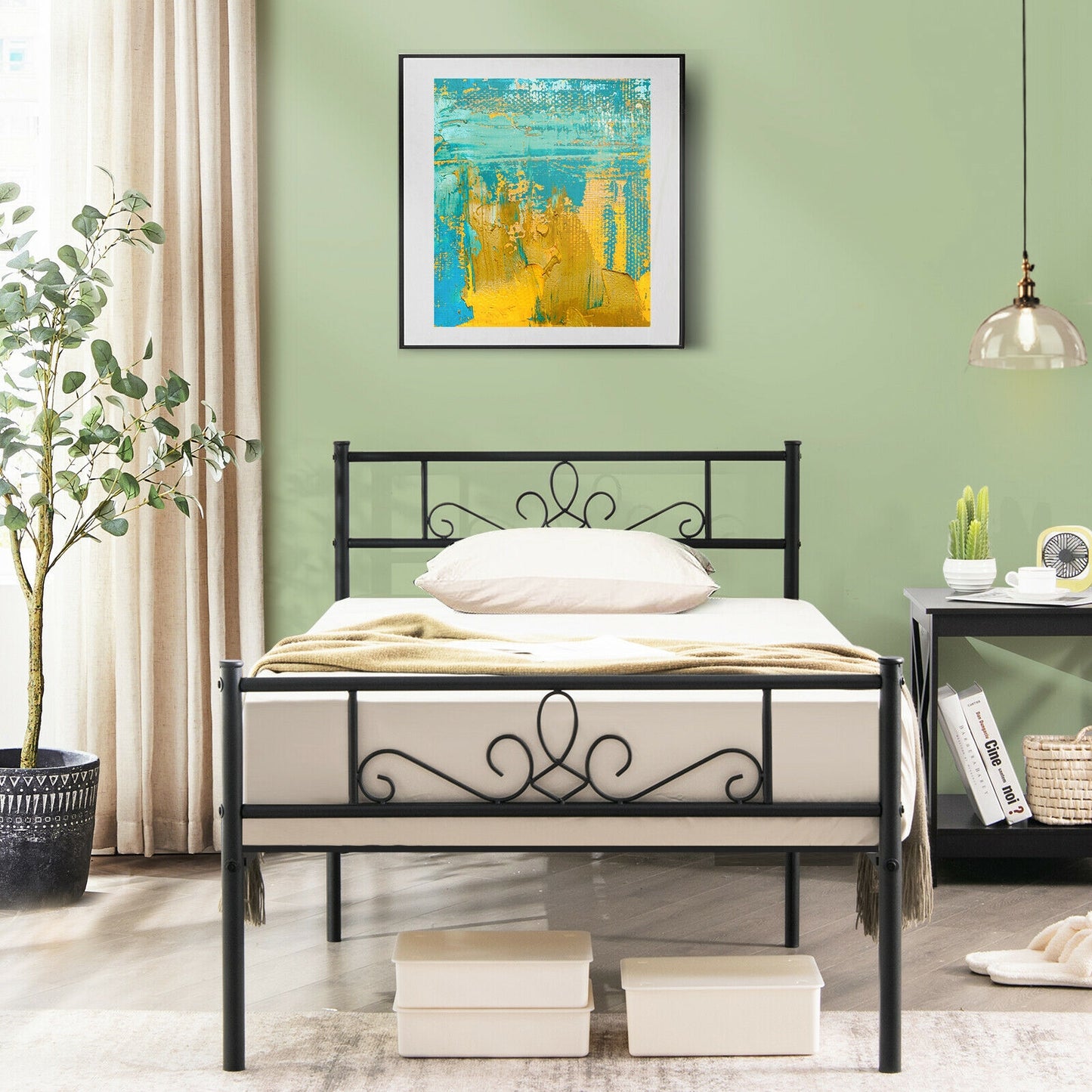 Sturdy Metal Bed Frame with Headboard and Footboard - Twin Size