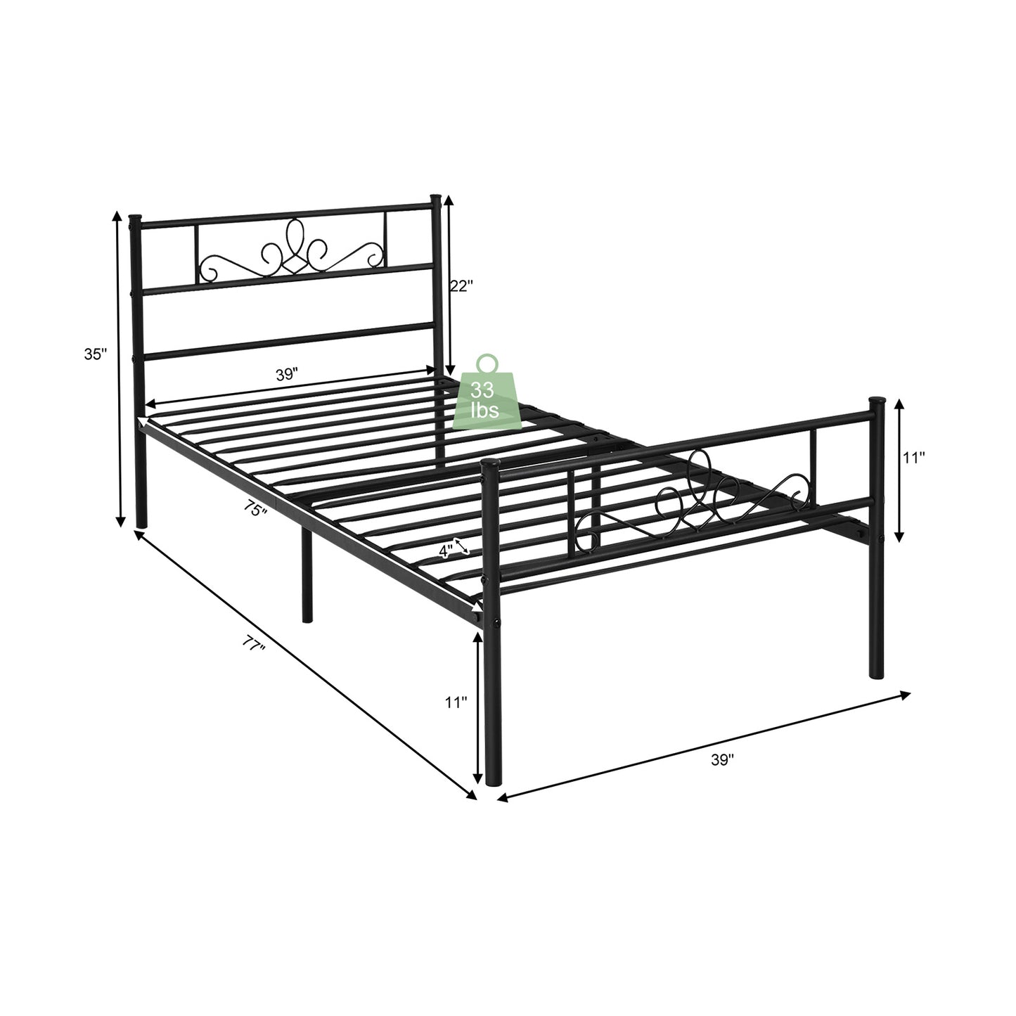 Sturdy Metal Bed Frame with Headboard and Footboard - Twin Size