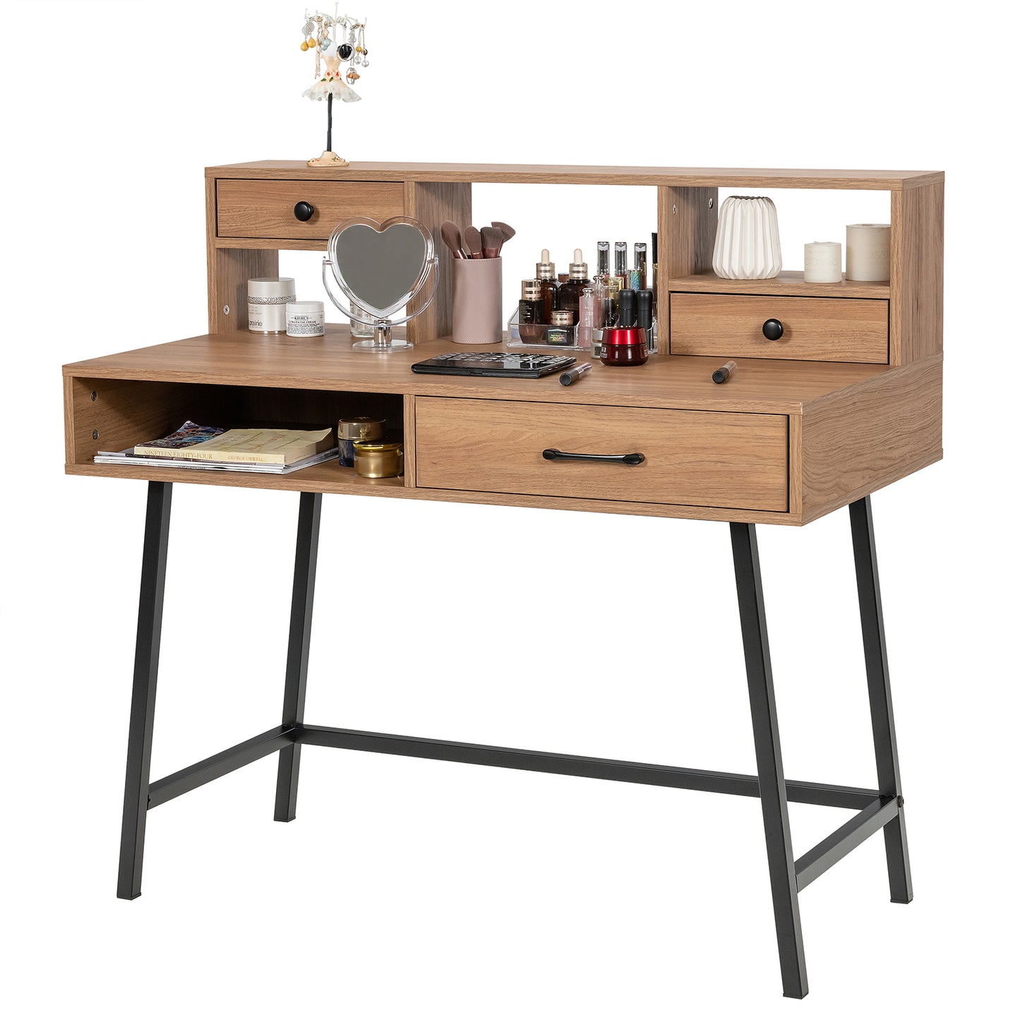 42 Inch Vanity Desk with Shelf, 2 Drawers, and Steel Legs – Multi-Use Makeup & Writing Table