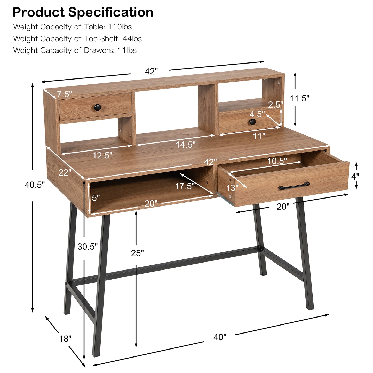 42 Inch Vanity Desk with Shelf, 2 Drawers, and Steel Legs – Multi-Use Makeup & Writing Table