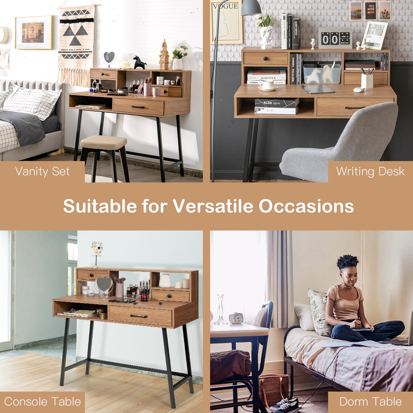 42 Inch Vanity Desk with Shelf, 2 Drawers, and Steel Legs – Multi-Use Makeup & Writing Table