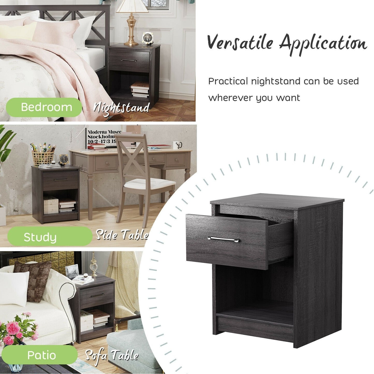 Wooden Nightstand with Drawer and Open Storage Shelf in Black Finish