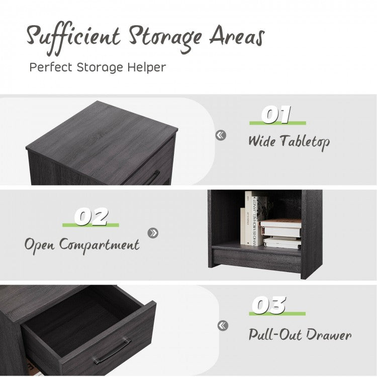 Wooden Nightstand with Drawer and Open Storage Shelf in Black Finish