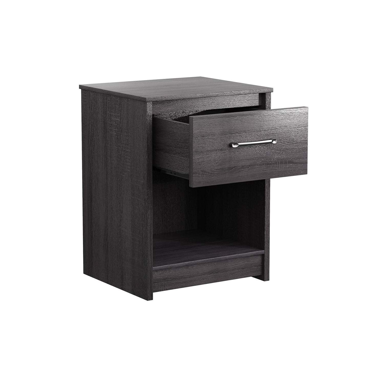 Wooden Nightstand with Drawer and Open Storage Shelf in Black Finish