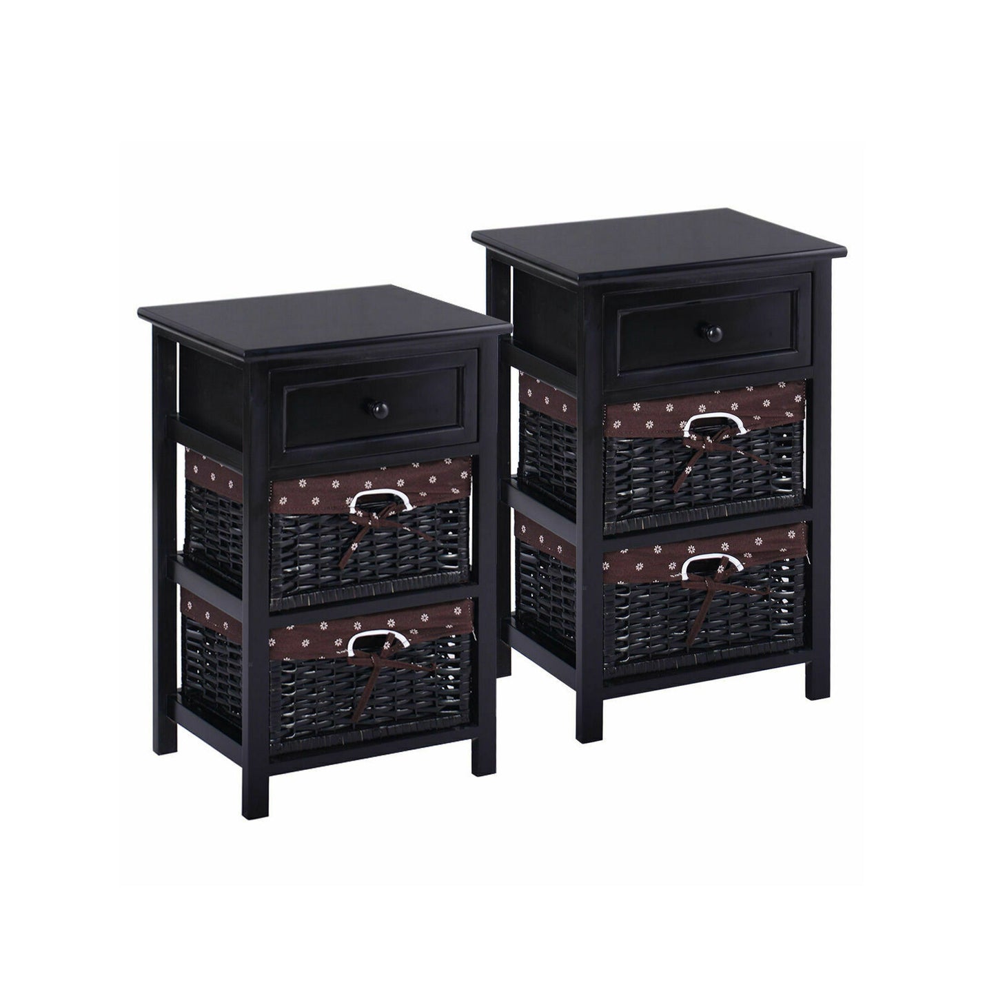 Set of 2 Three-Tier Wooden Nightstands with Drawer and Two Woven Baskets Black