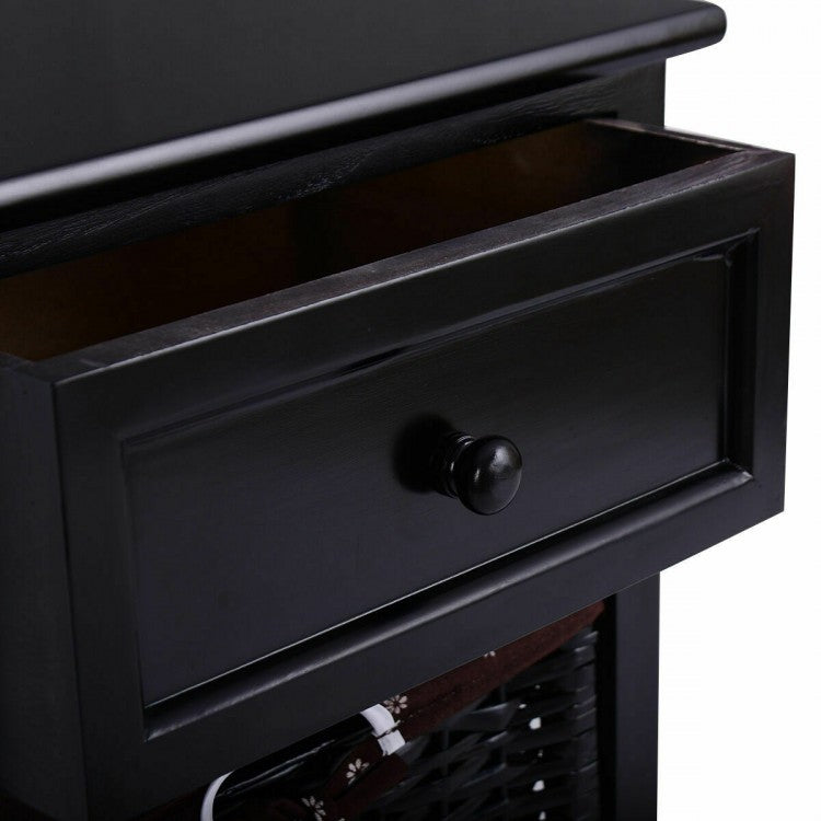 Set of 2 Three-Tier Wooden Nightstands with Drawer and Two Woven Baskets Black