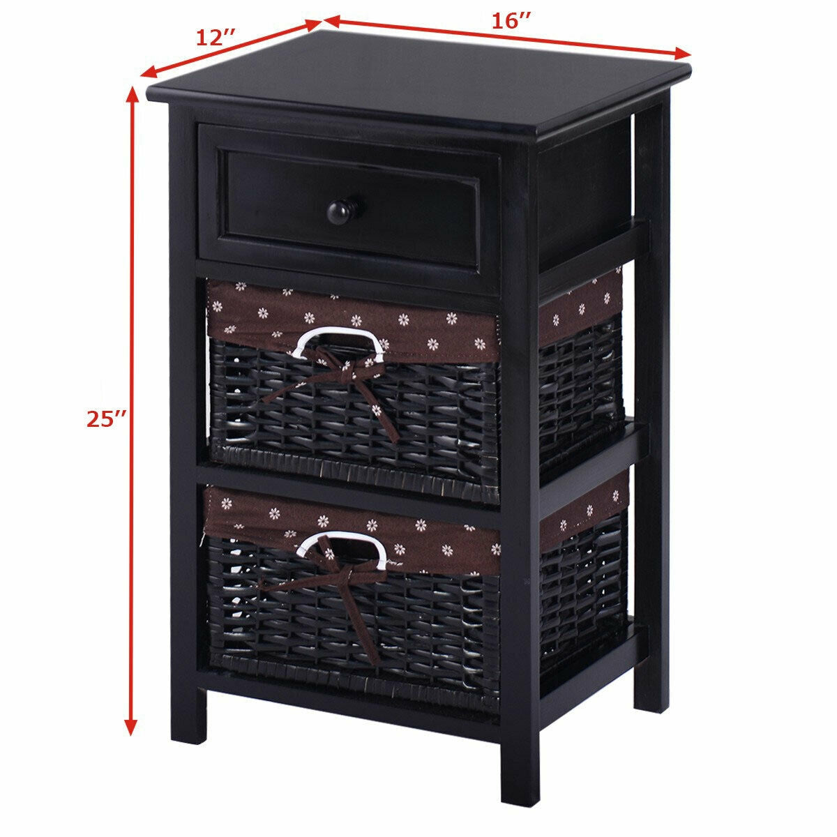 Set of 2 Three-Tier Wooden Nightstands with Drawer and Two Woven Baskets Black