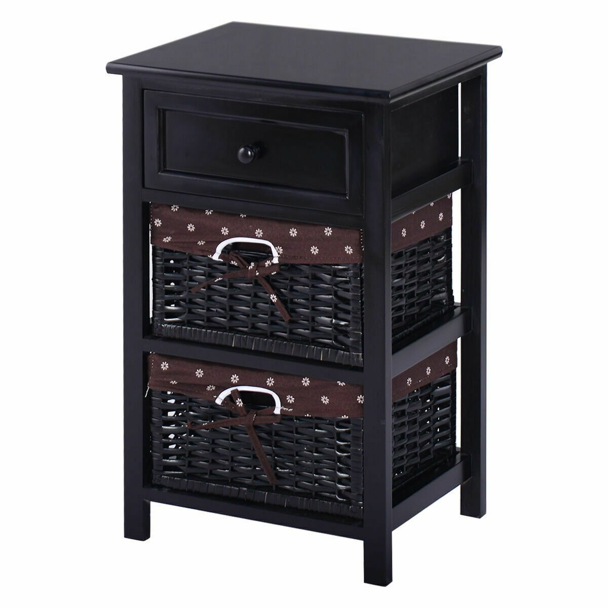 Set of 2 Three-Tier Wooden Nightstands with Drawer and Two Woven Baskets Black