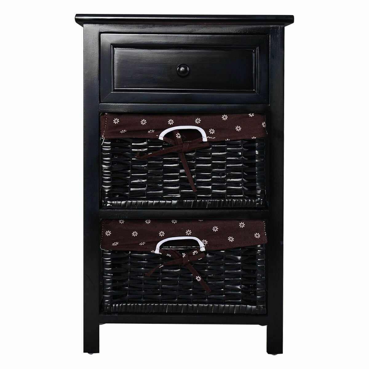 Set of 2 Three-Tier Wooden Nightstands with Drawer and Two Woven Baskets Black