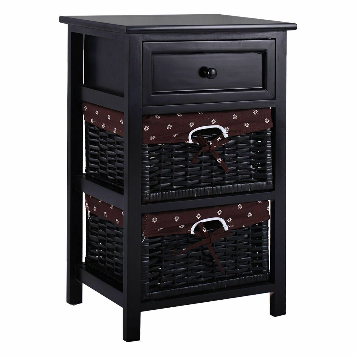 Set of 2 Three-Tier Wooden Nightstands with Drawer and Two Woven Baskets Black