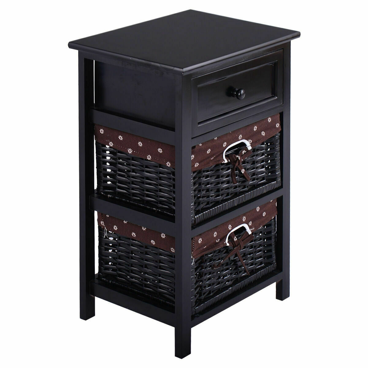 Set of 2 Three-Tier Wooden Nightstands with Drawer and Two Woven Baskets Black