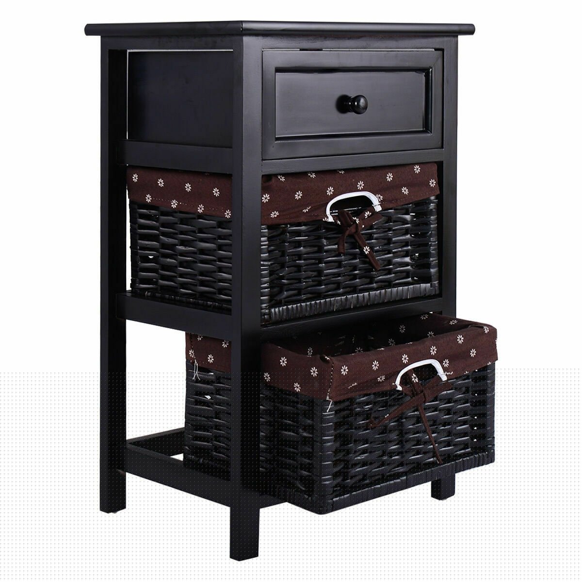 Set of 2 Three-Tier Wooden Nightstands with Drawer and Two Woven Baskets Black