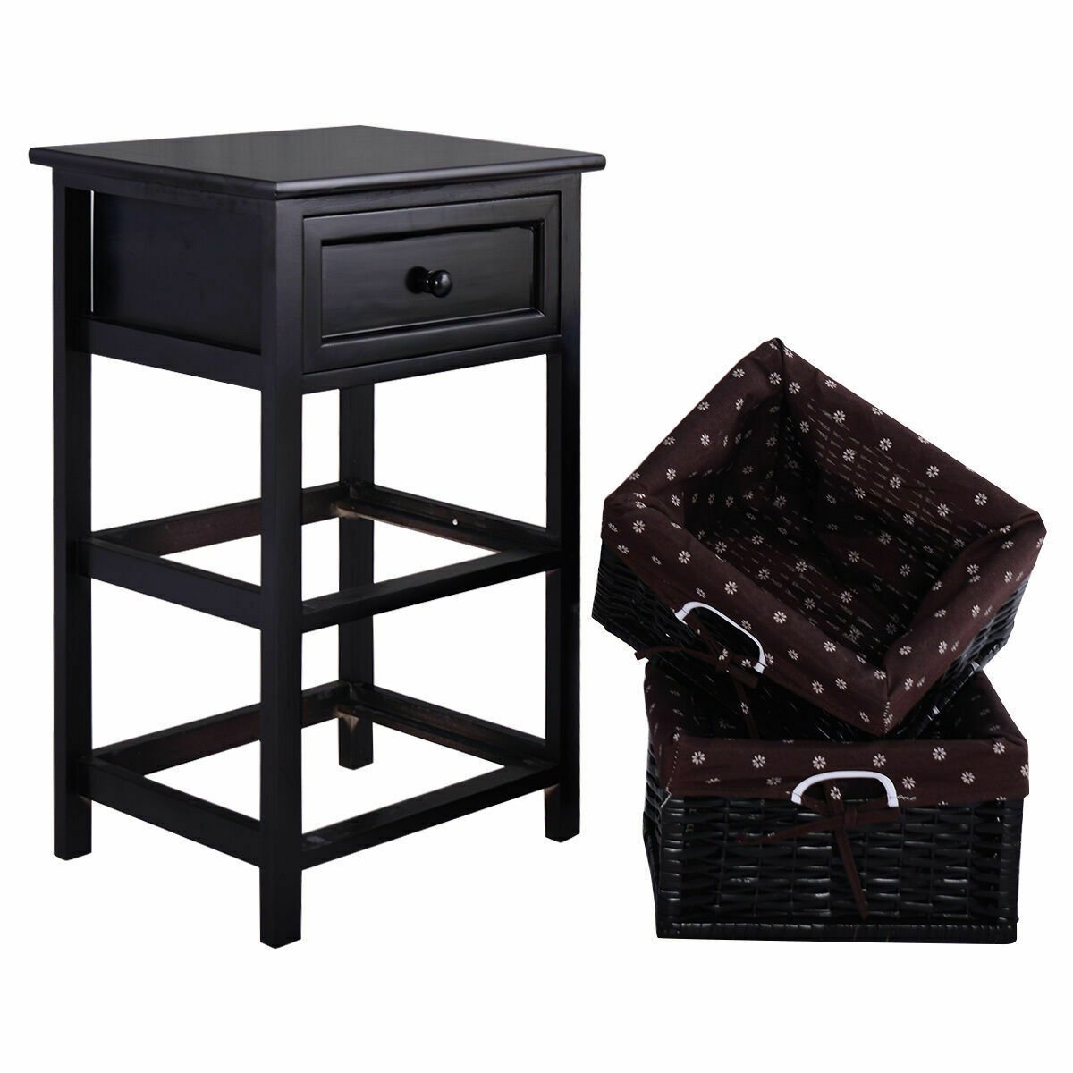 Set of 2 Three-Tier Wooden Nightstands with Drawer and Two Woven Baskets Black
