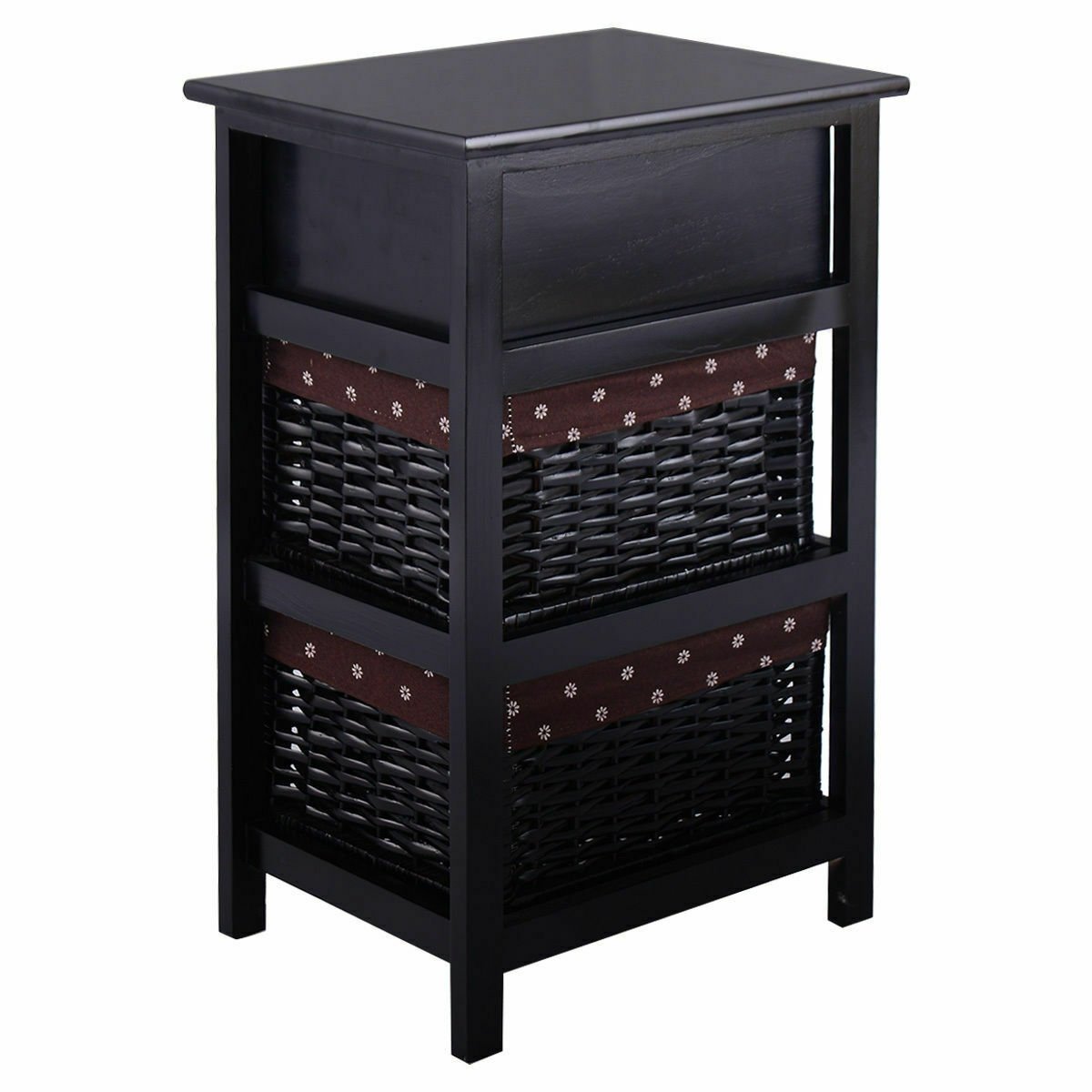 Set of 2 Three-Tier Wooden Nightstands with Drawer and Two Woven Baskets Black