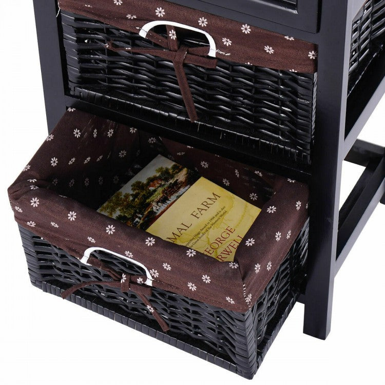 Set of 2 Three-Tier Wooden Nightstands with Drawer and Two Woven Baskets Black
