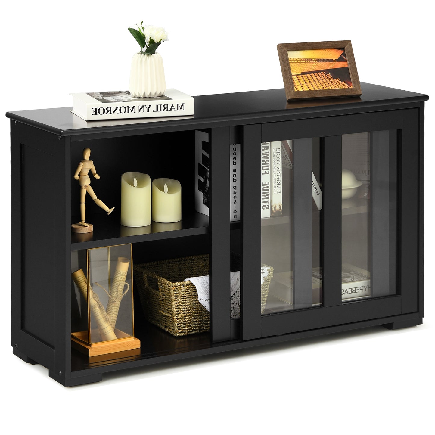 Modern Sliding Door Buffet Sideboard with Glass Cabinet Storage and Shelves - Black