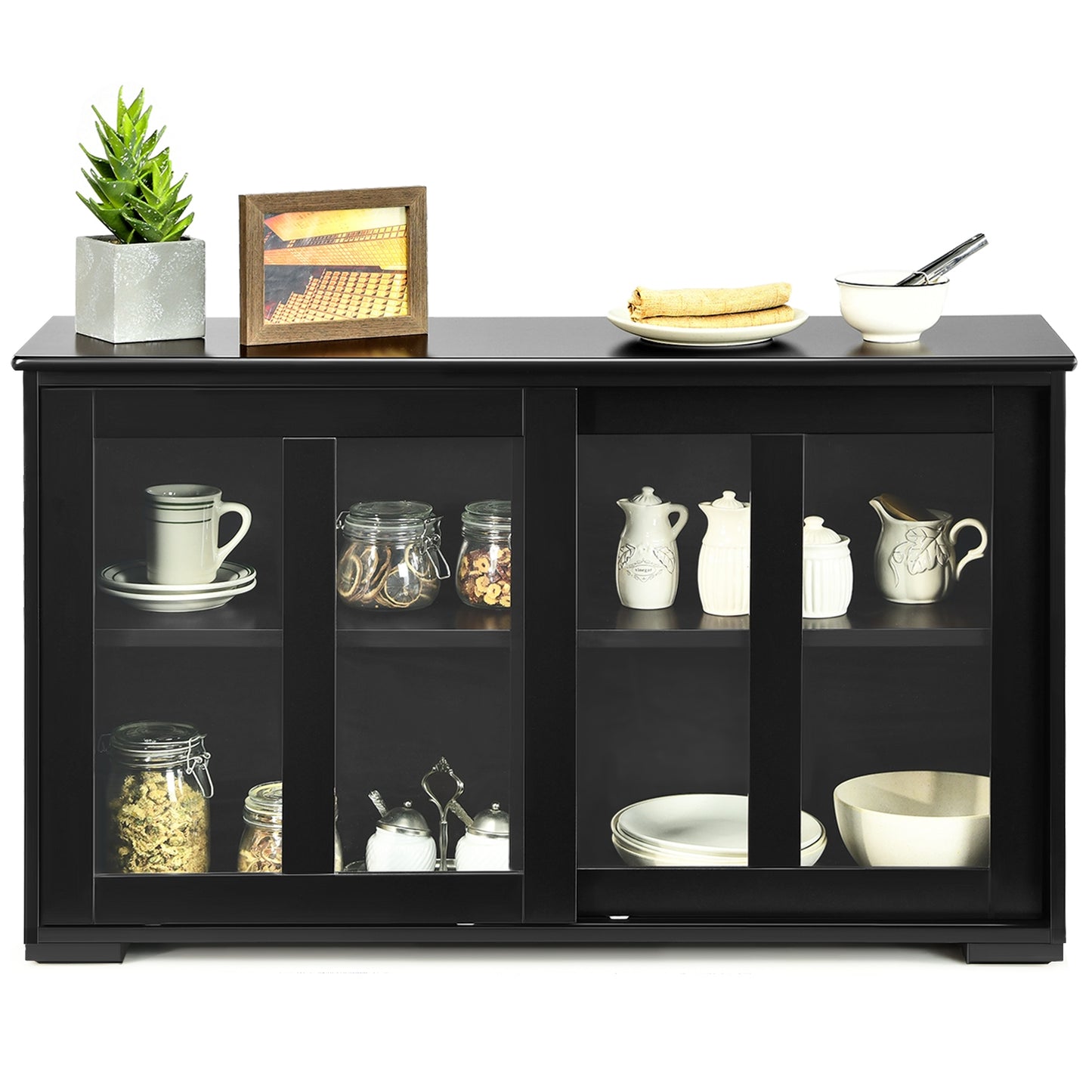 Modern Sliding Door Buffet Sideboard with Glass Cabinet Storage and Shelves - Black