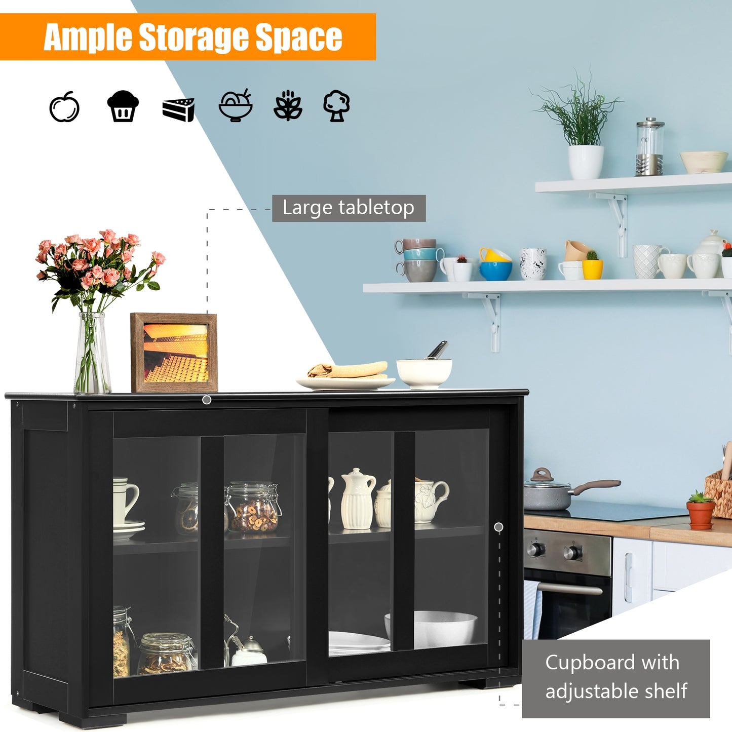 Modern Sliding Door Buffet Sideboard with Glass Cabinet Storage and Shelves - Black