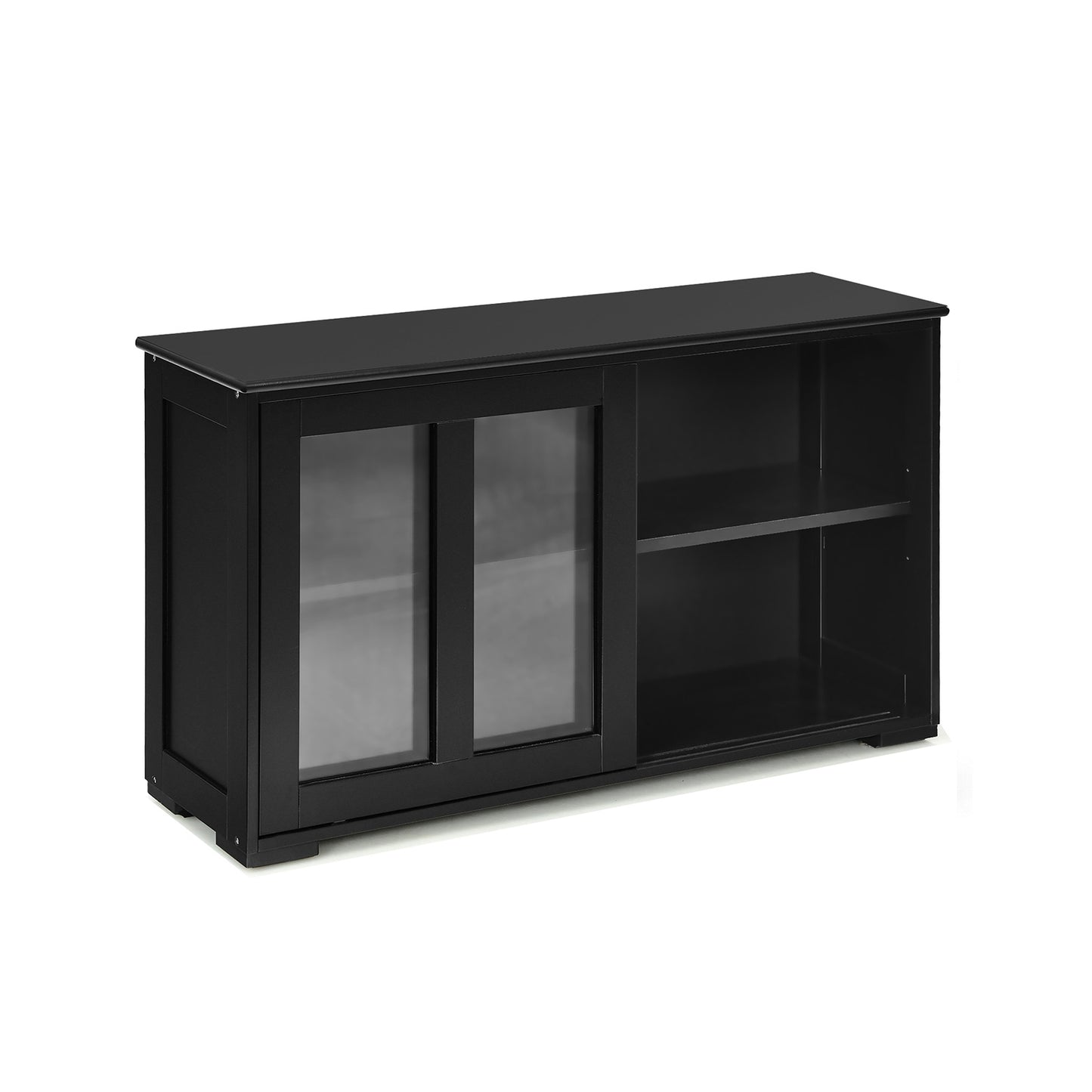 Modern Sliding Door Buffet Sideboard with Glass Cabinet Storage and Shelves - Black