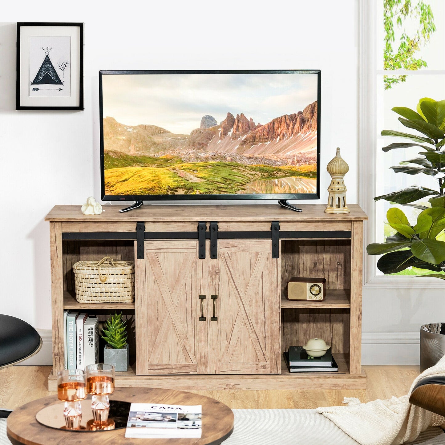 Rustic Sliding Barn Door TV Console with Adjustable Storage for TVs up to 65 Inches