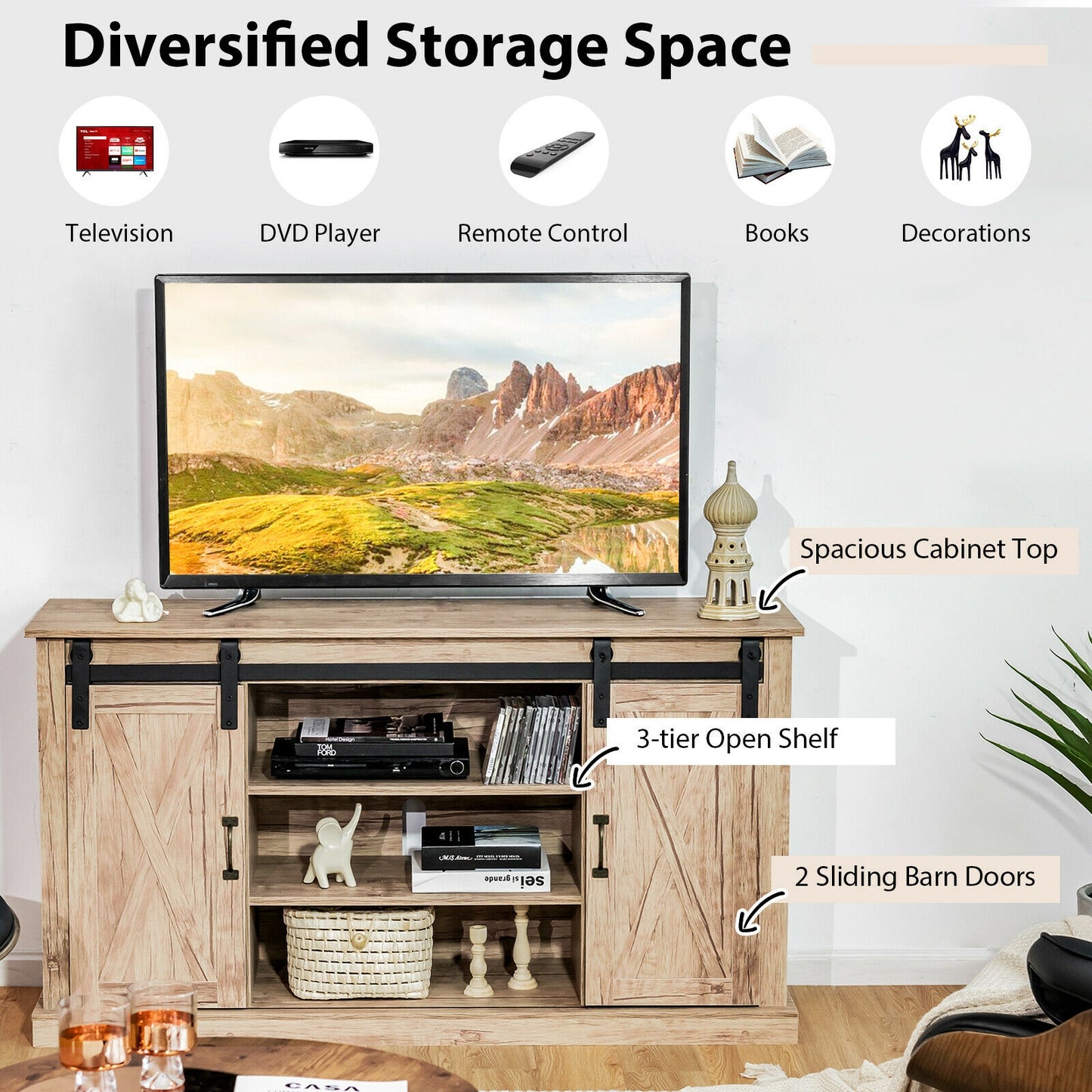 Rustic Sliding Barn Door TV Console with Adjustable Storage for TVs up to 65 Inches