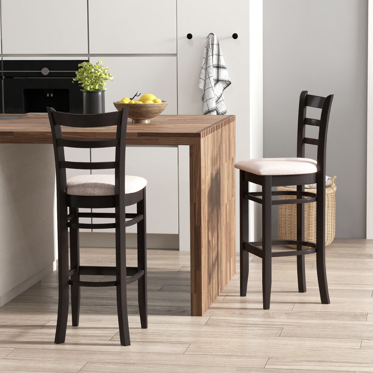 Set of 2 Upholstered Bar Chairs with Ergonomic Backrest, Footrest, and Padded Seat