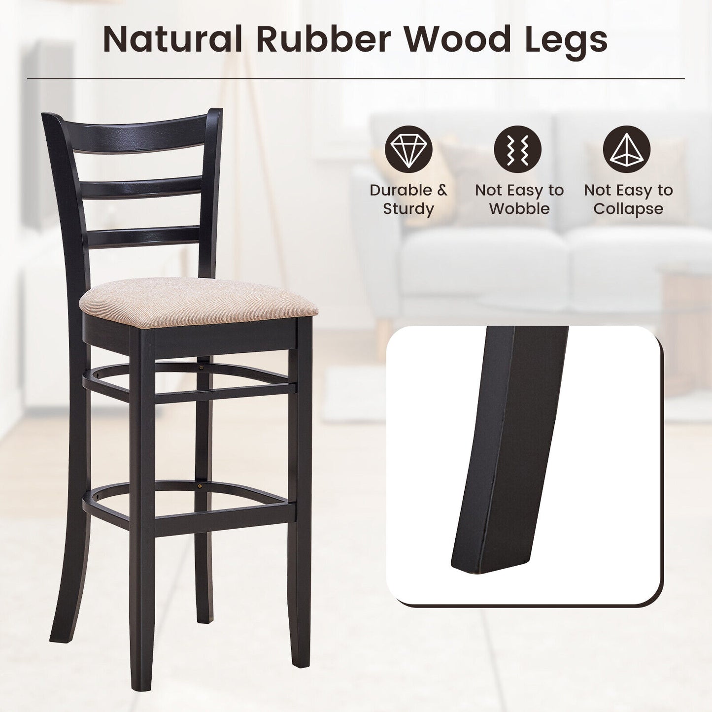 Set of 2 Upholstered Bar Chairs with Ergonomic Backrest, Footrest, and Padded Seat