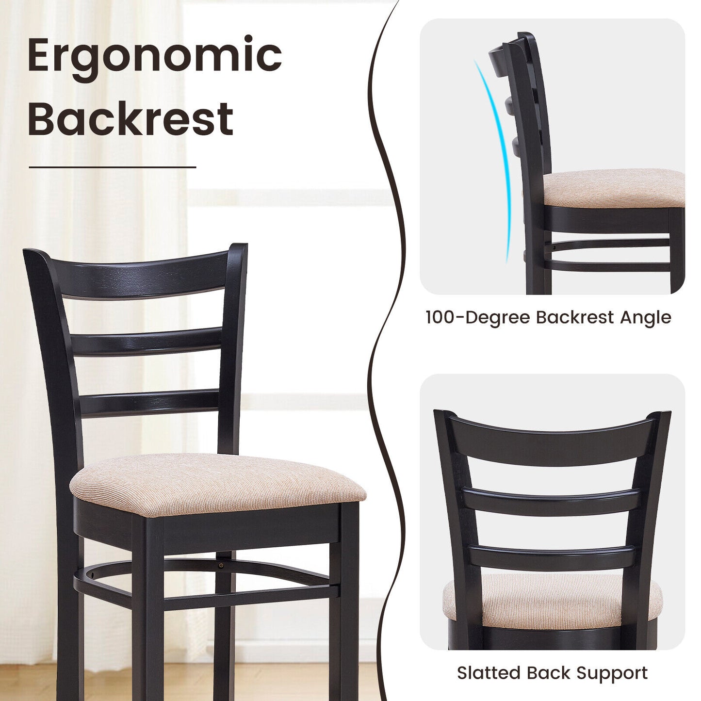 Set of 2 Upholstered Bar Chairs with Ergonomic Backrest, Footrest, and Padded Seat