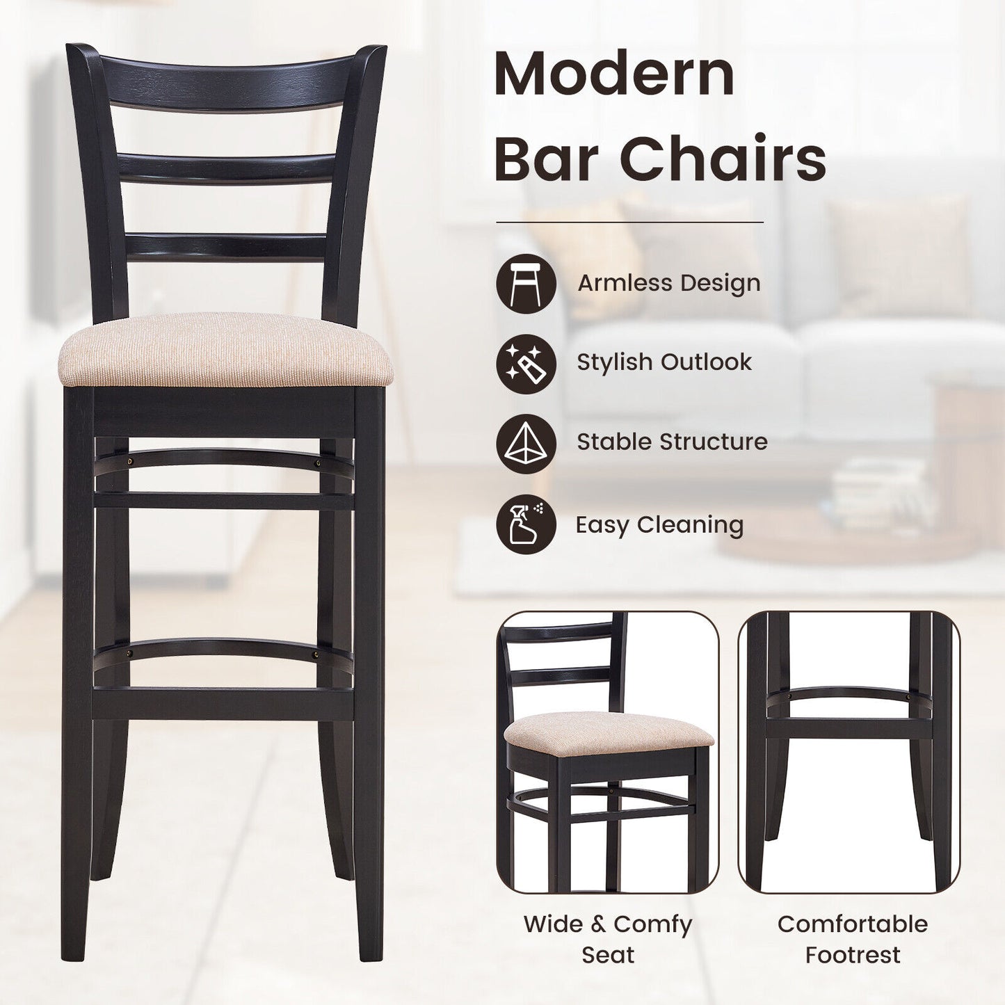 Set of 2 Upholstered Bar Chairs with Ergonomic Backrest, Footrest, and Padded Seat