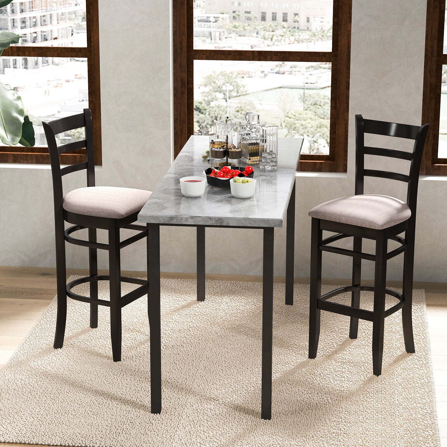 Set of 2 Upholstered Bar Chairs with Ergonomic Backrest, Footrest, and Padded Seat