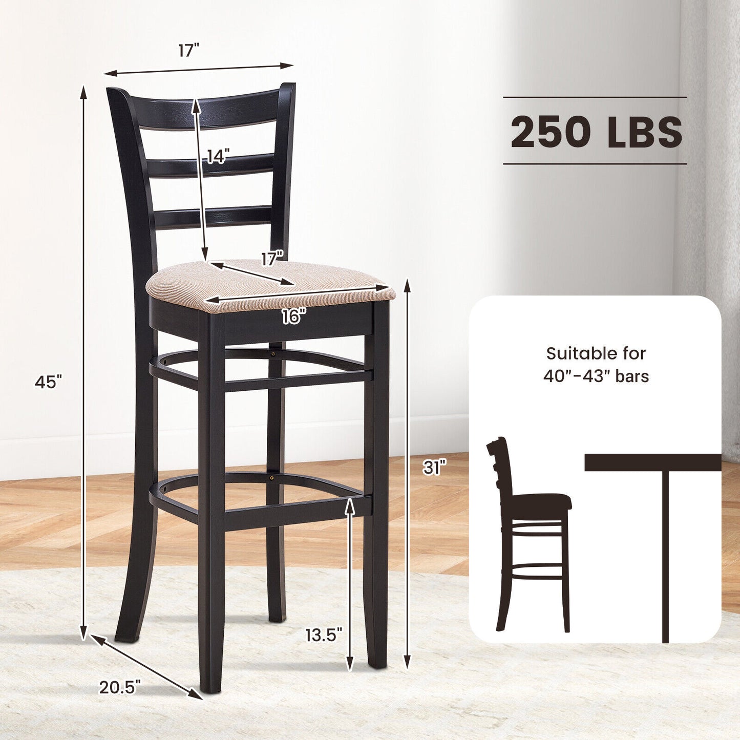 Set of 2 Upholstered Bar Chairs with Ergonomic Backrest, Footrest, and Padded Seat