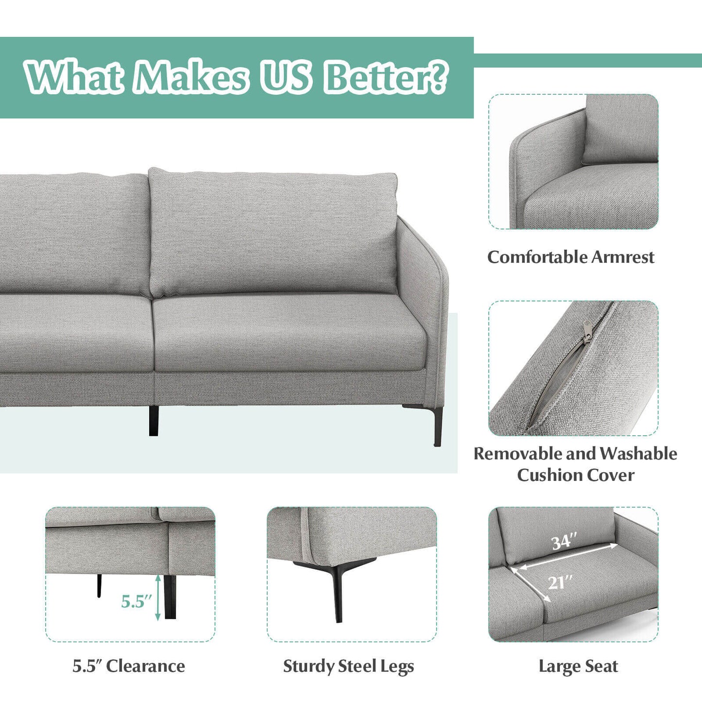 Modern 76 Inch Upholstered Loveseat Sofa with Metal Legs and Removable Cushions