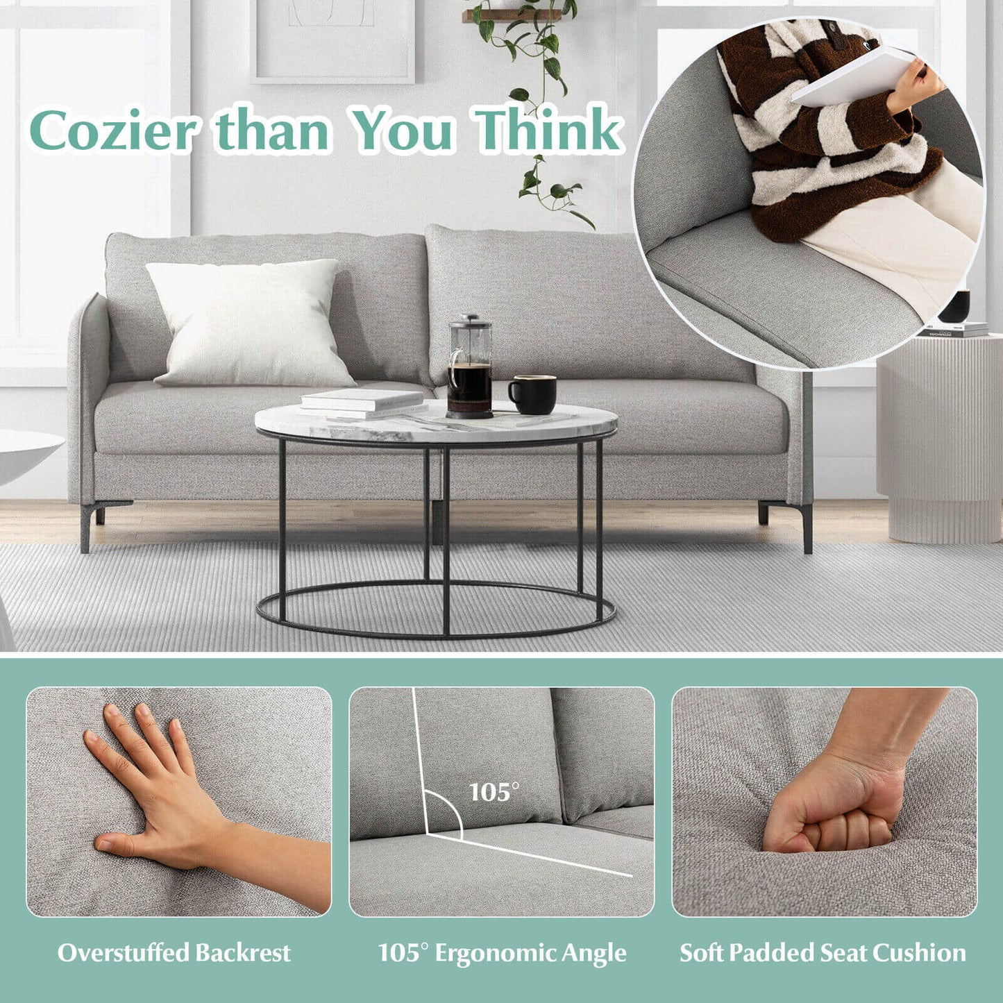 Modern 76 Inch Upholstered Loveseat Sofa with Metal Legs and Removable Cushions