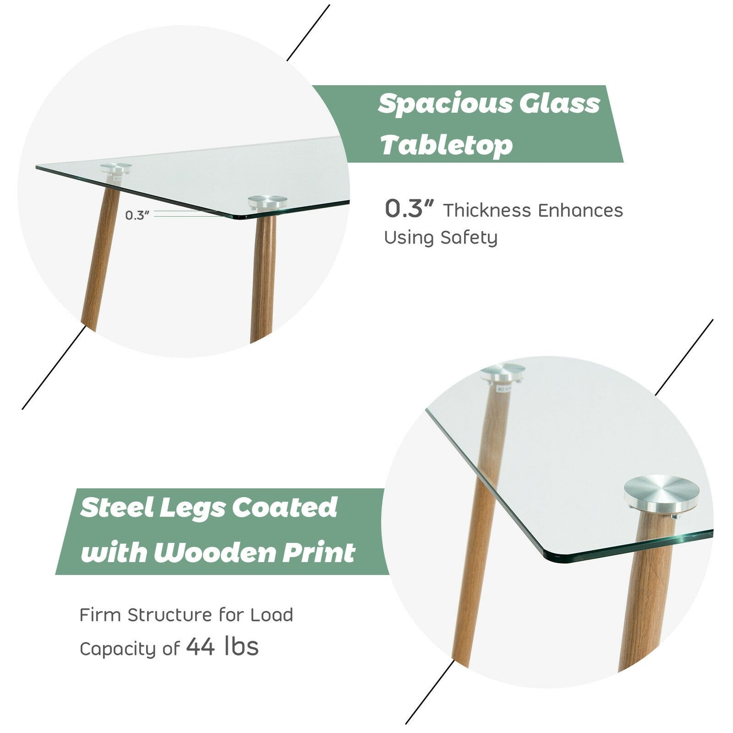 Modern Rectangular Glass Dining Table with Metal Legs for Kitchen or Dining Room - Natural