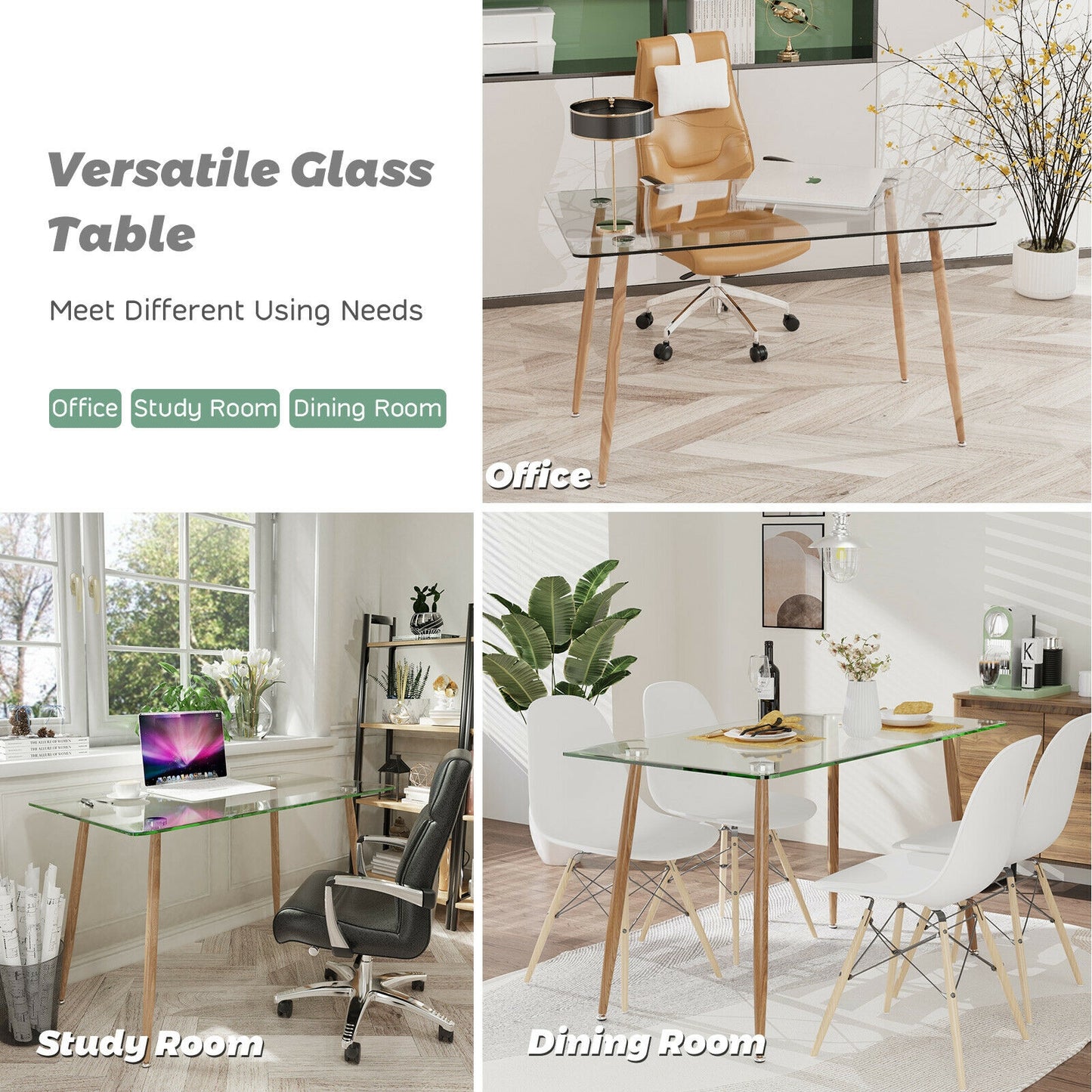 Modern Rectangular Glass Dining Table with Metal Legs for Kitchen or Dining Room - Natural