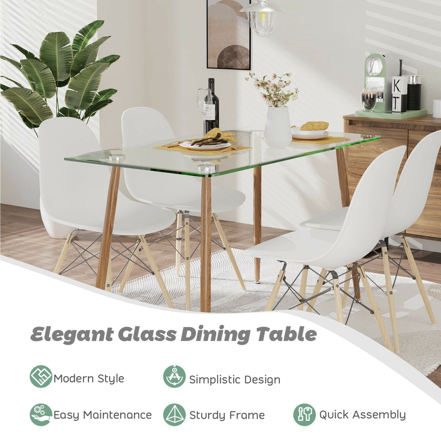 Modern Rectangular Glass Dining Table with Metal Legs for Kitchen or Dining Room - Natural