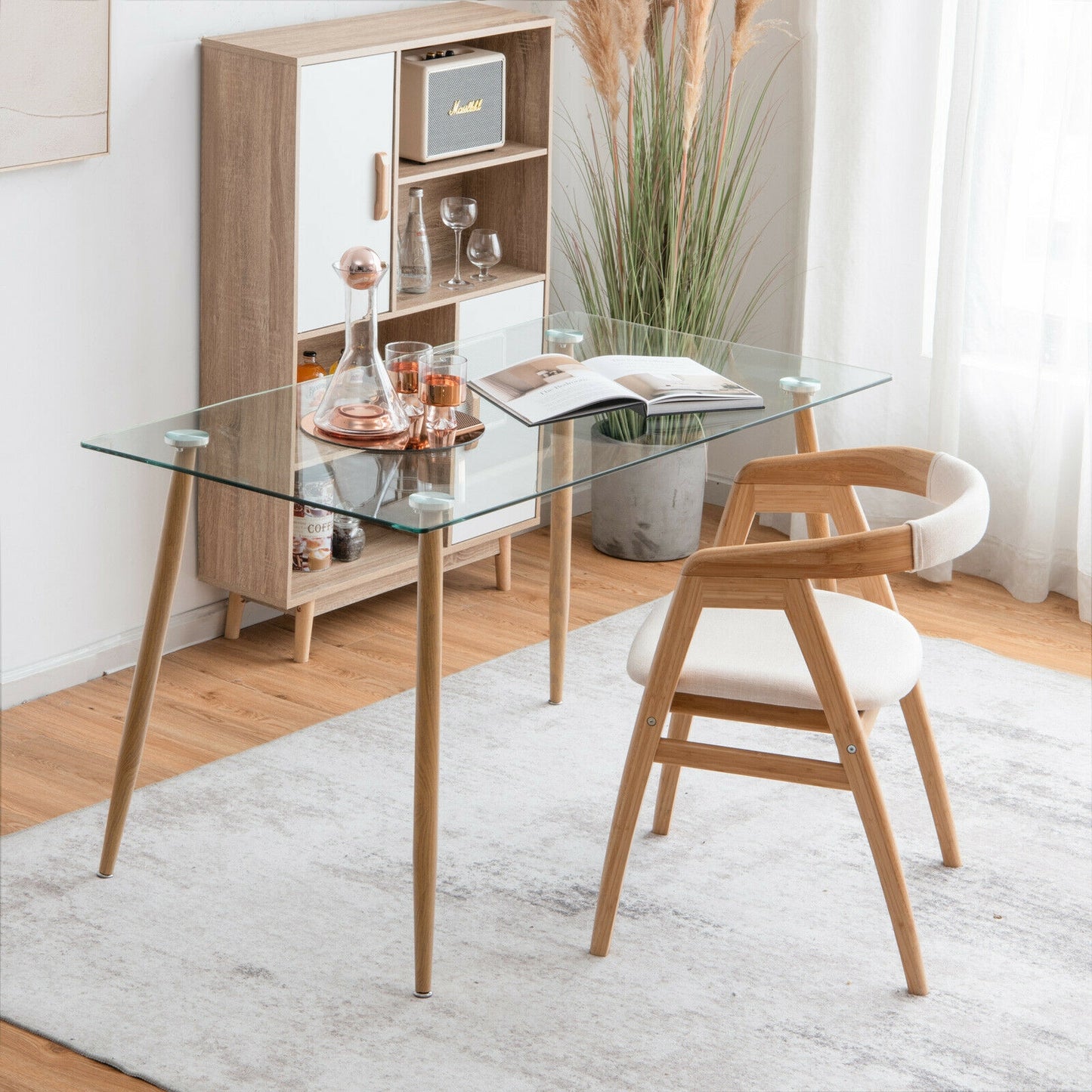 Modern Rectangular Glass Dining Table with Metal Legs for Kitchen or Dining Room - Natural