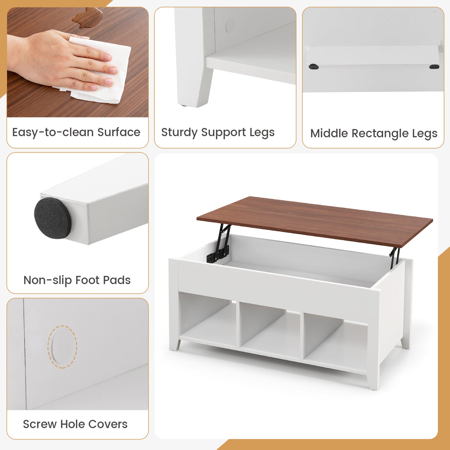 Adjustable Lift Top Coffee Table with Storage Shelves and Hidden Compartment - White