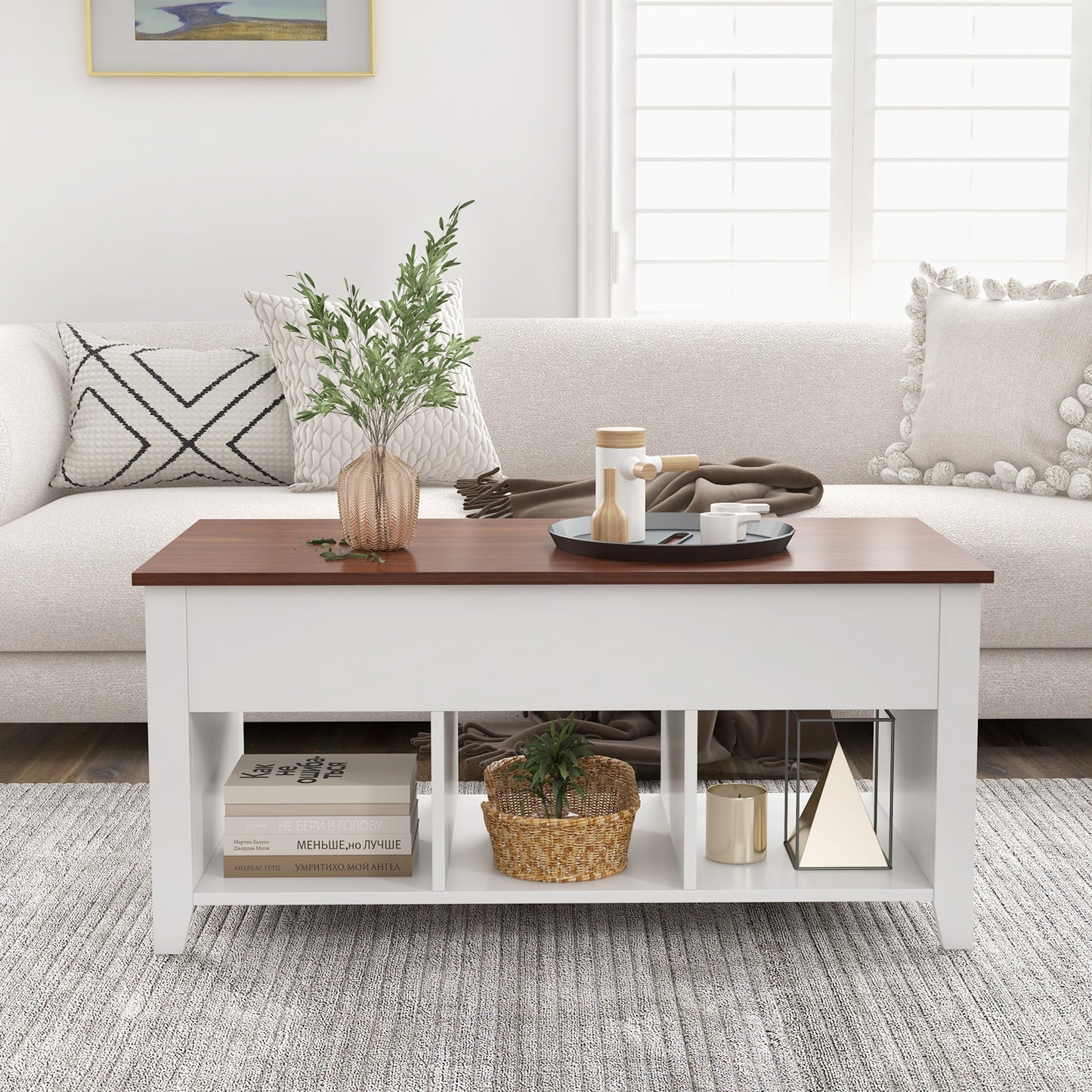 Adjustable Lift Top Coffee Table with Storage Shelves and Hidden Compartment - White