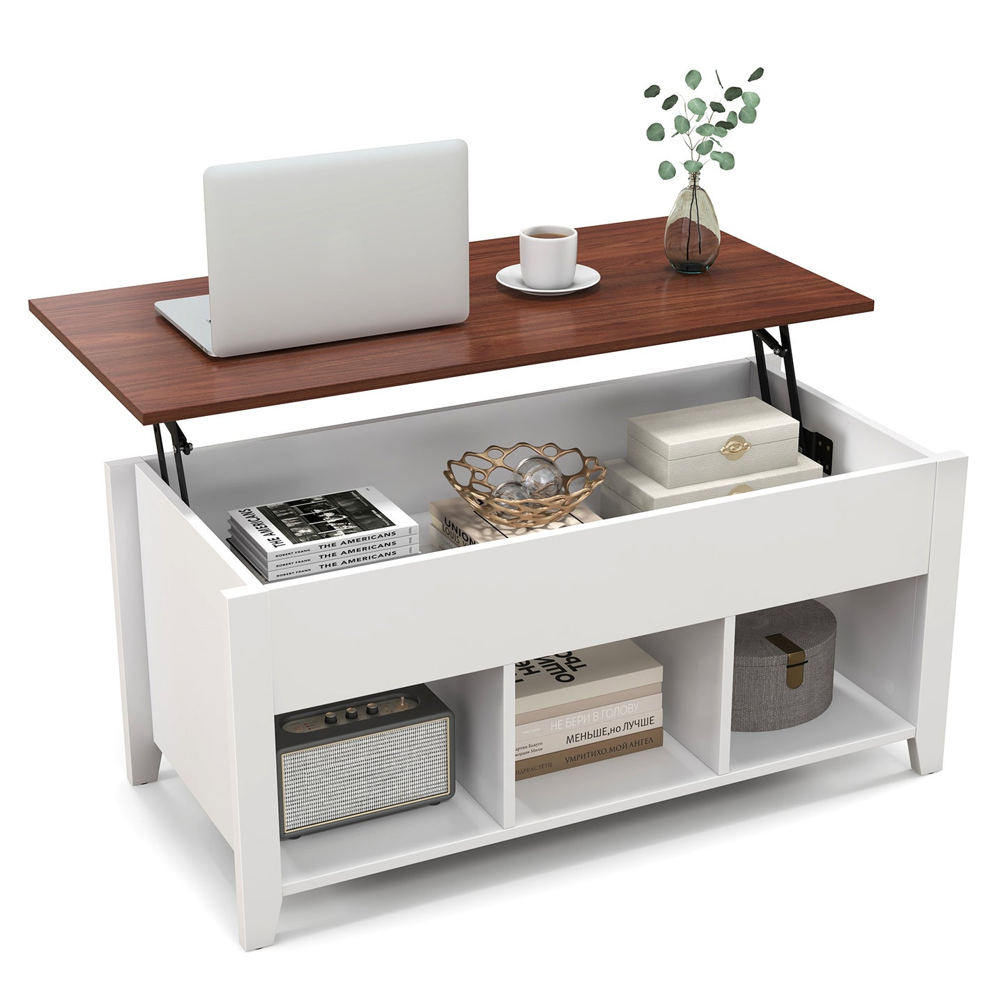 Adjustable Lift Top Coffee Table with Storage Shelves and Hidden Compartment - White