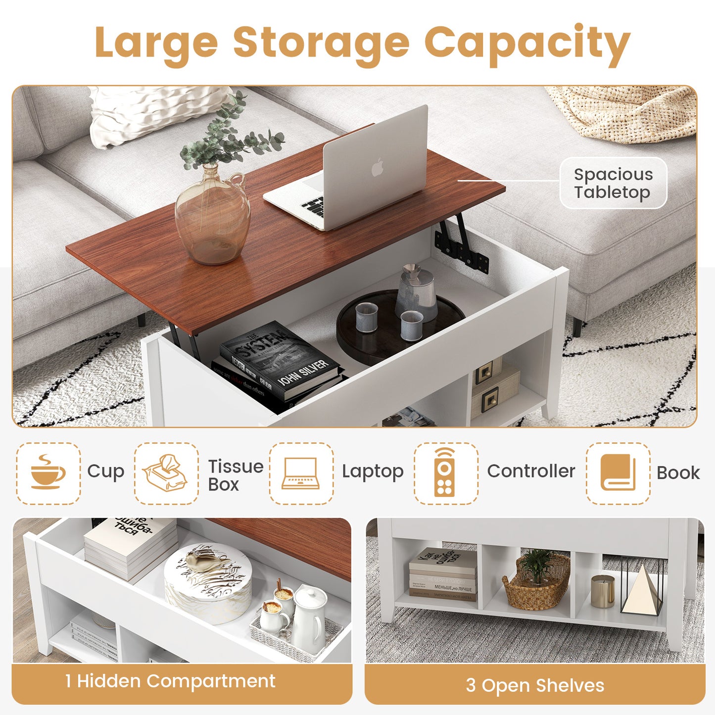 Adjustable Lift Top Coffee Table with Storage Shelves and Hidden Compartment - White