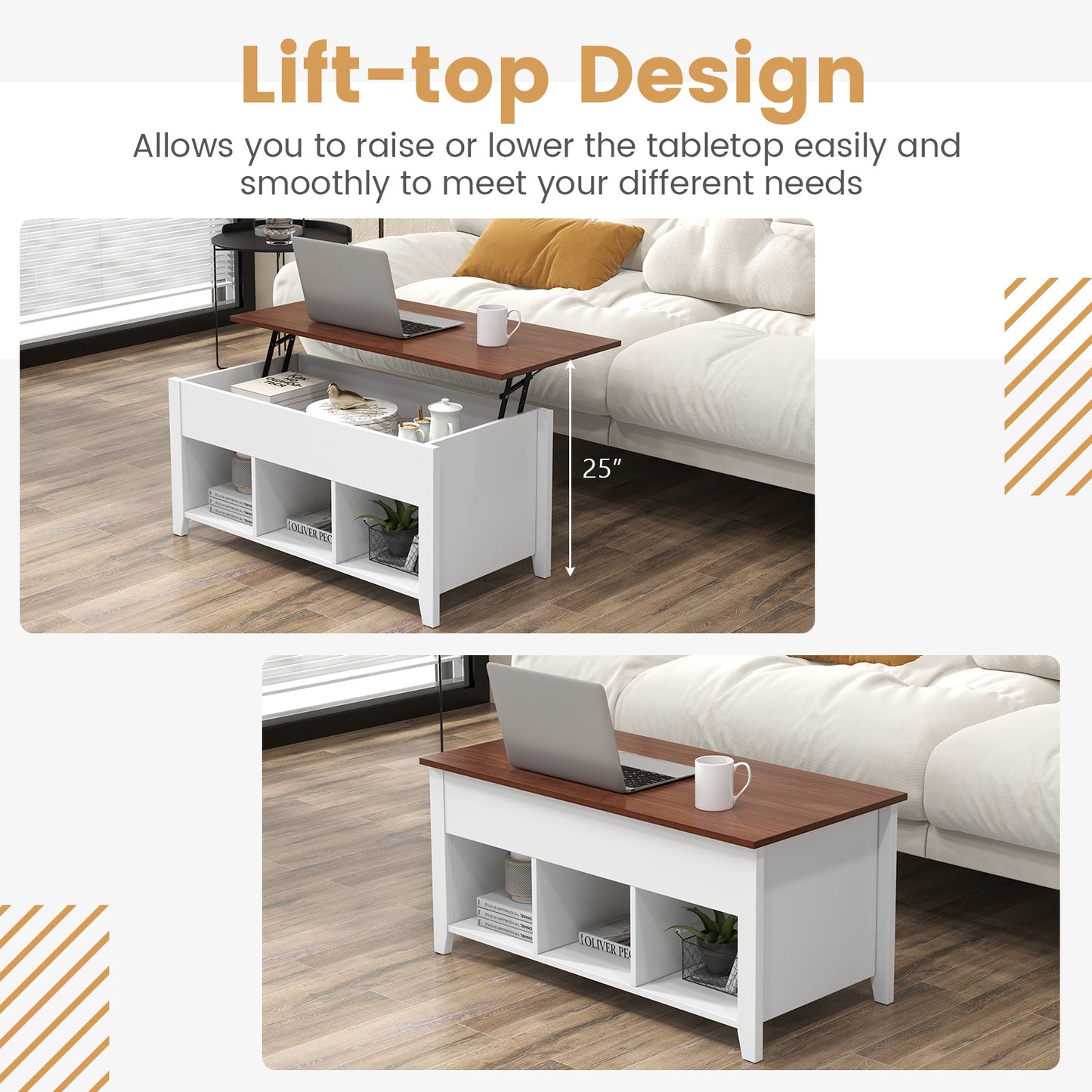 Adjustable Lift Top Coffee Table with Storage Shelves and Hidden Compartment - White
