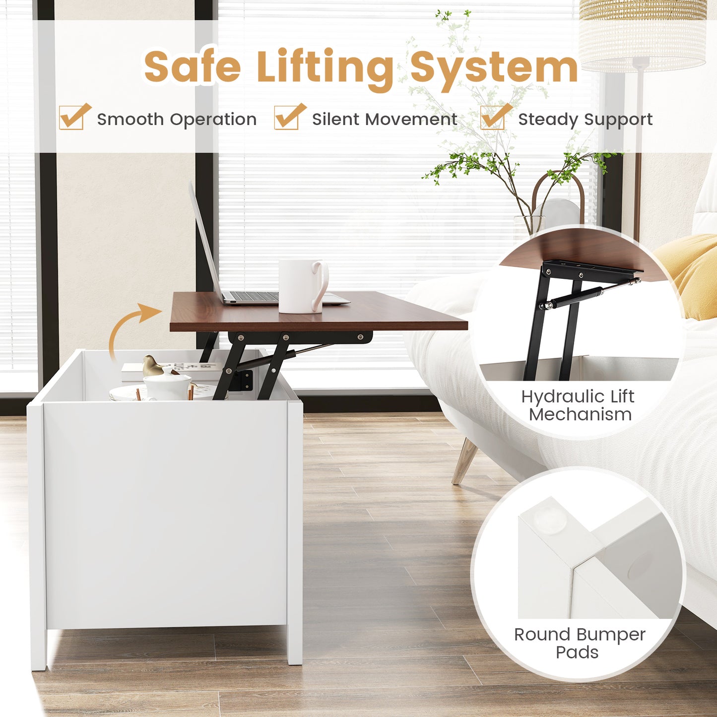 Adjustable Lift Top Coffee Table with Storage Shelves and Hidden Compartment - White