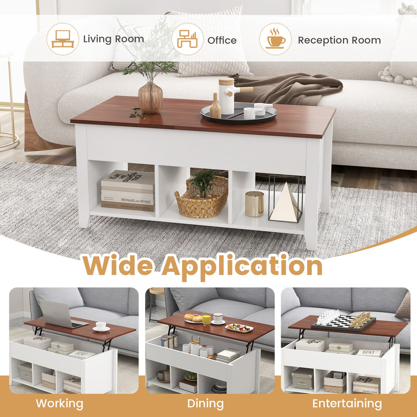 Adjustable Lift Top Coffee Table with Storage Shelves and Hidden Compartment - White