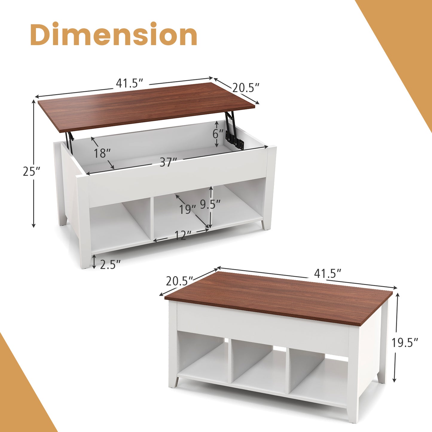 Adjustable Lift Top Coffee Table with Storage Shelves and Hidden Compartment - White
